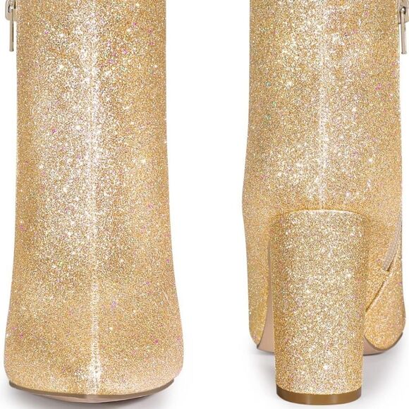 Size 7 Perphy Gold Metallic Glitter Pointed Toe Chunky Heel Ankle Boots Booties - Picture 5 of 10